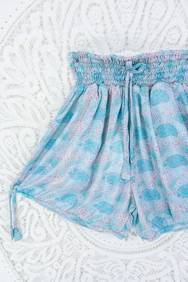 Pippa Shorts - Icy Blue & Blush Floral - Vintage Indian Sari - XS By All About Audrey
