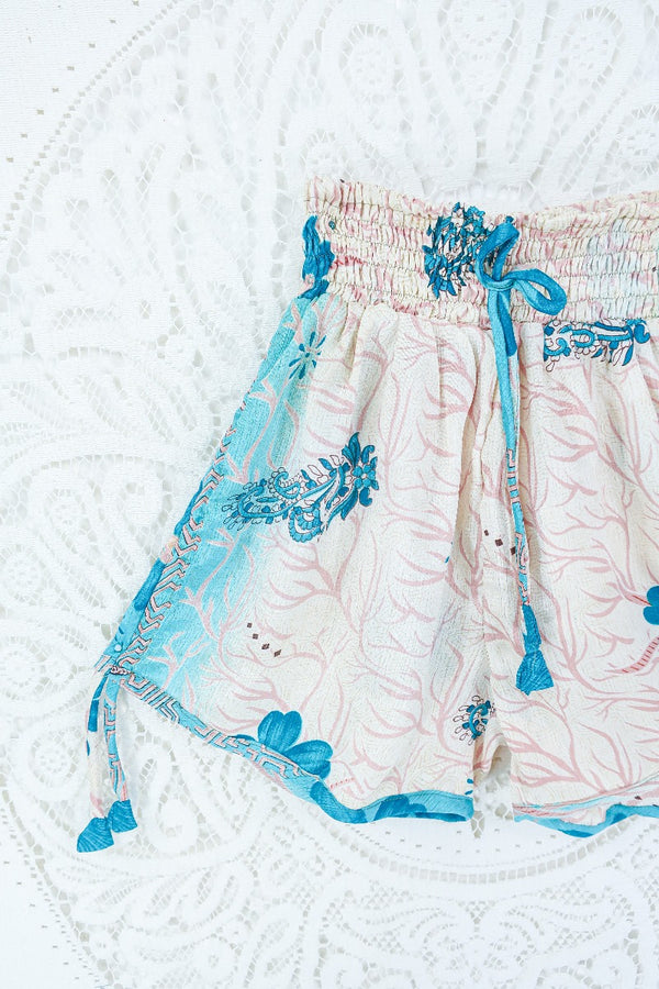 Pippa Shorts - Aqua & Oat Floral Jacquard - Vintage Indian Sari - S By All About Audre