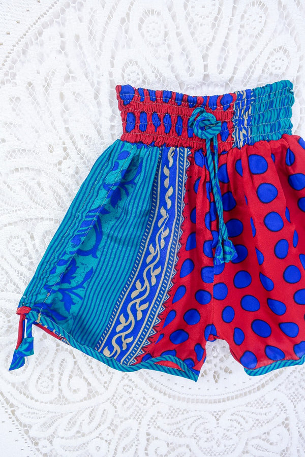 Pippa Shorts - Scarlet & Marine Polka Dot - Vintage Indian Sari - S By All About Audrey
