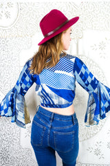 Sylvia Wrap Top - Sapphire Blue & Navy Geometric Print - Vintage Sari - Size S by all about audrey