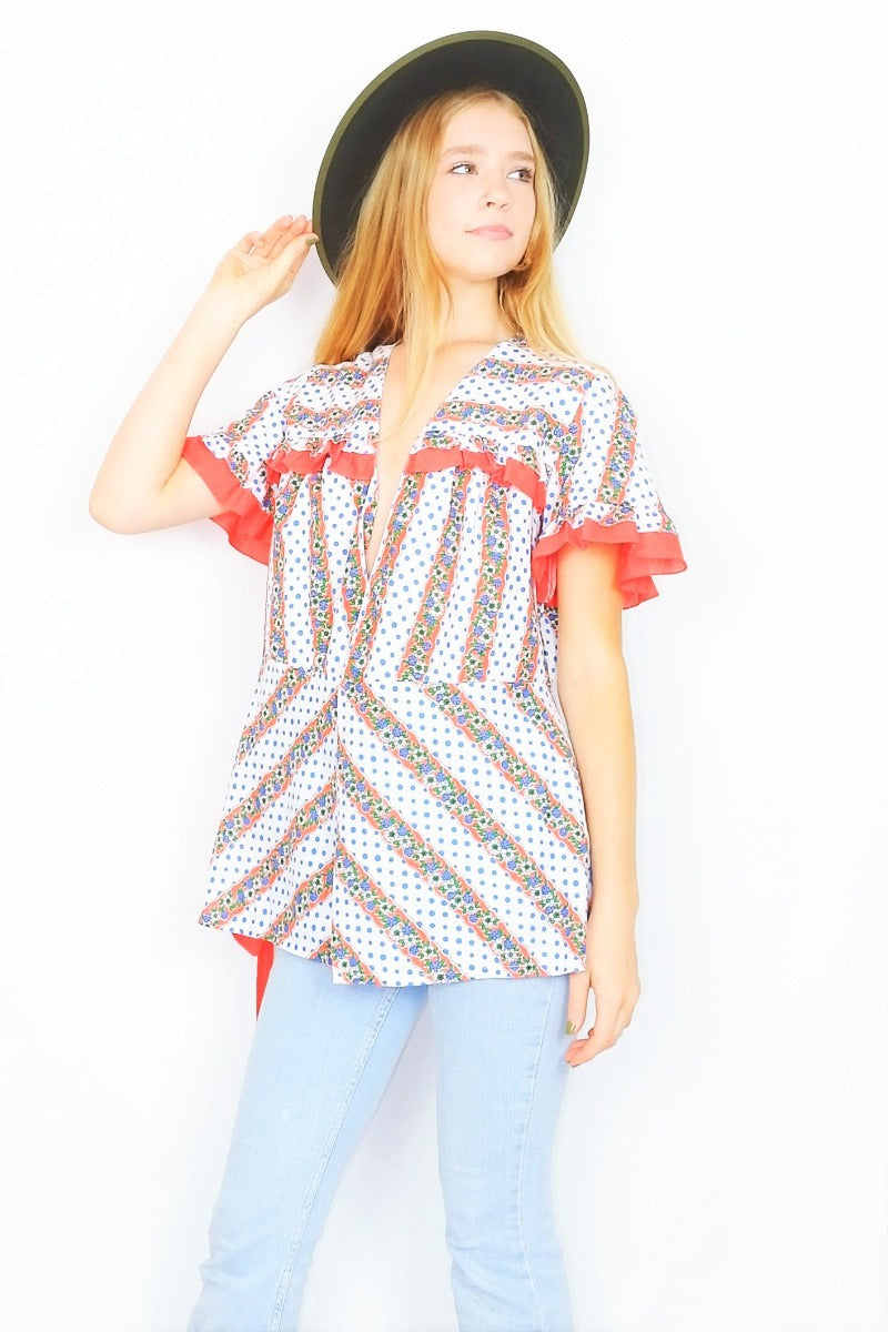 Vintage Robe Top M L Red White Polka Dot Floral All About