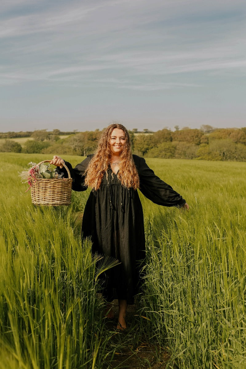 Primrose Bohemian Cotton Smock Dress in Jet Black