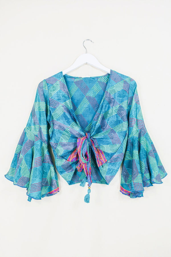 Sylvia Wrap Top - Juniper Green Apples - Vintage Sari - Size S/M By All About Audrey