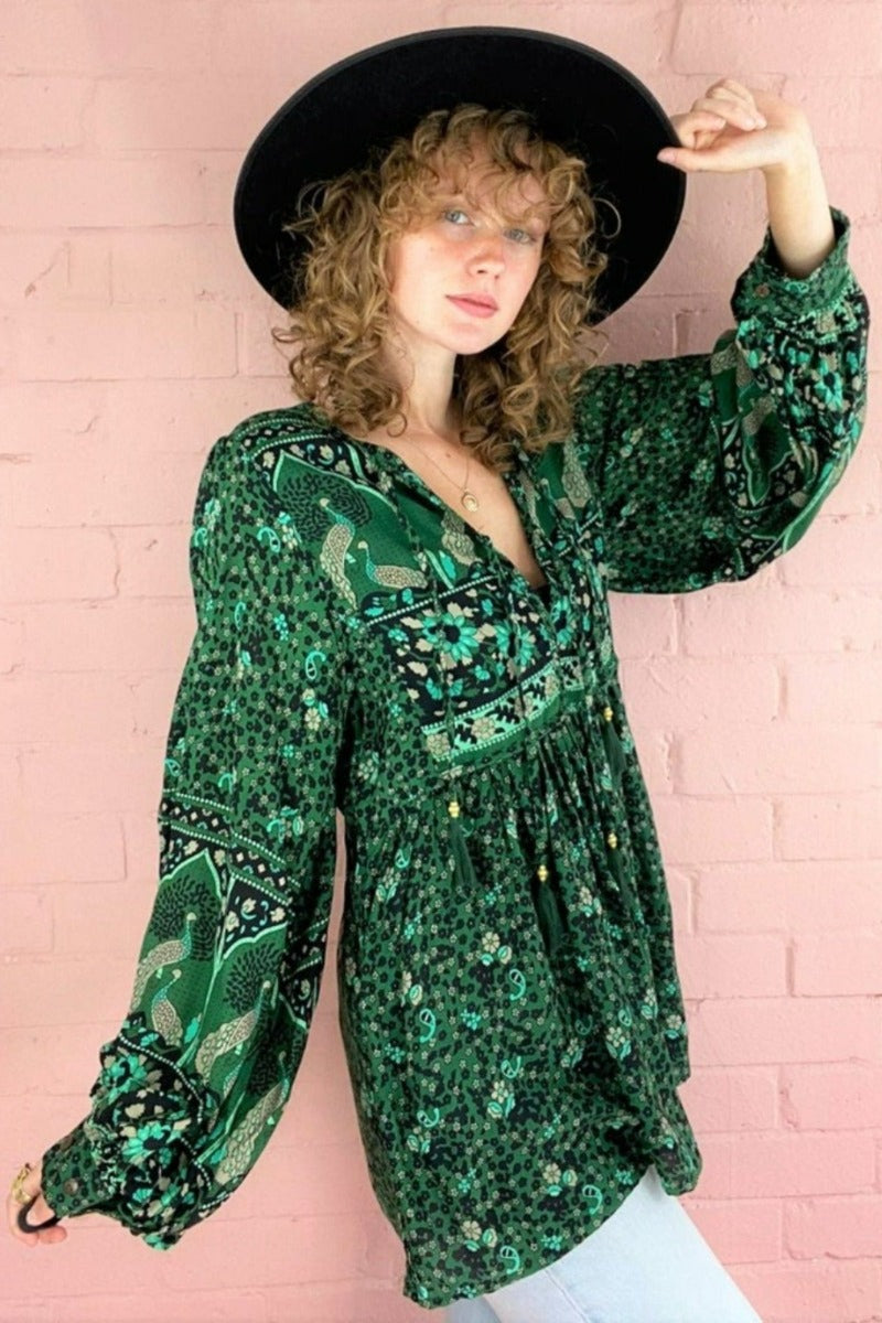 Peacock Prairie Bohemian Smock Top - Forest Green Rayon - ALL SIZES All About Audrey