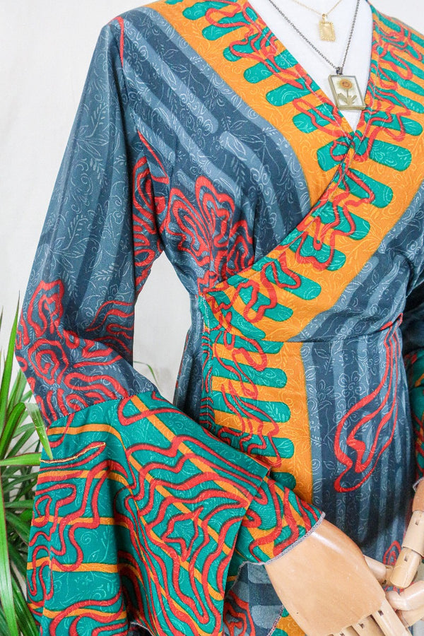 Sylvia Wrap Dress - Slate and Mango Wavy Flora   - Vintage Sari - Size L/XL