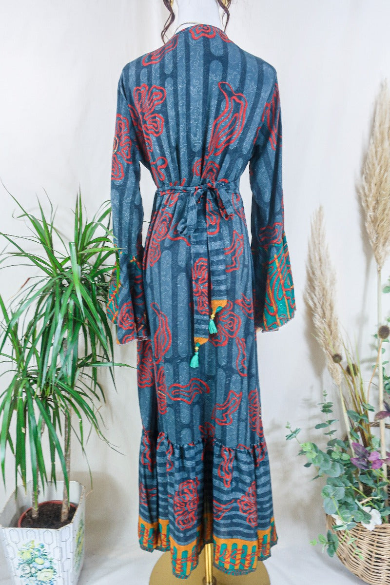 Sylvia Wrap Dress - Slate and Mango Wavy Flora   - Vintage Sari - Size L/XL