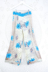 Tandy Wide Leg Trousers - Vintage Sari - Vanilla & Electric Blue Floral - Free Size S/M by all about audrey