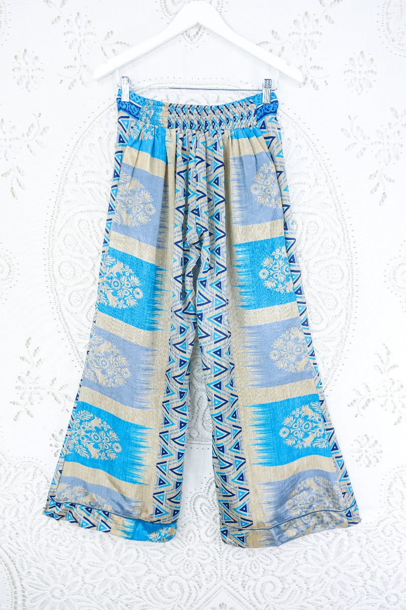 Tandy Wide Leg Trousers - Vintage Sari - Cerulean, Sand & Navy Geometric - Free Size M/L by all about audrey