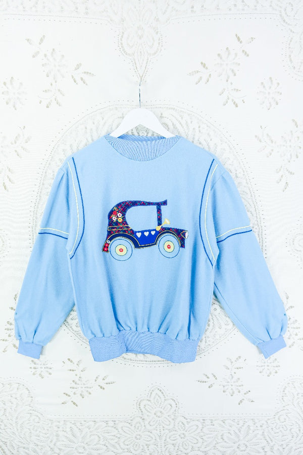 Vintage Baby Blue Retro Car Jumper - Size S/M By All About Audrey