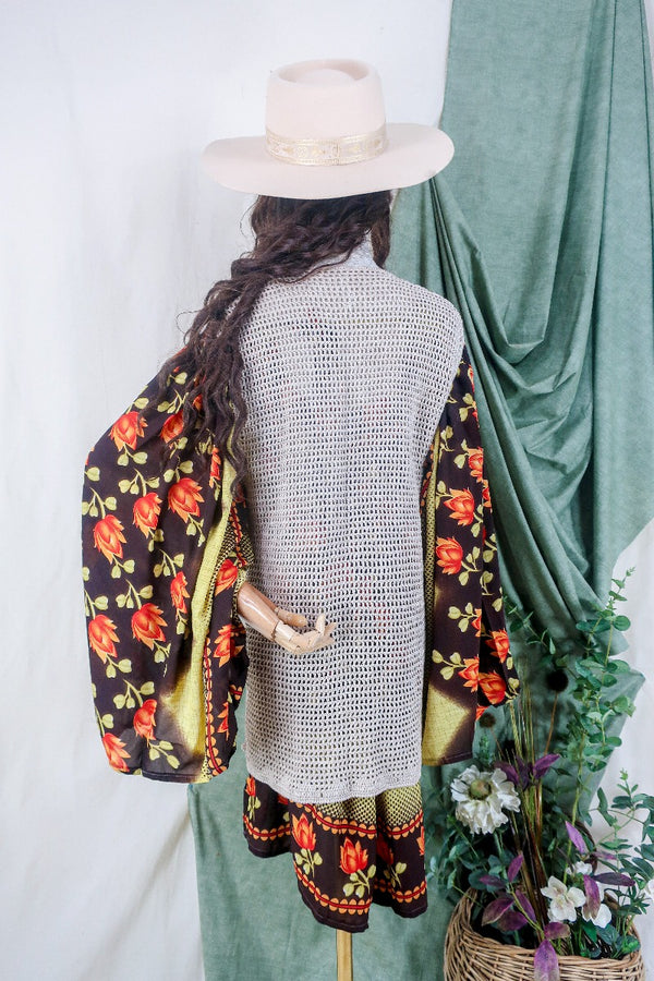 Vintage Crochet Waistcoat - Stone with Floral Applique - Free Size M/L