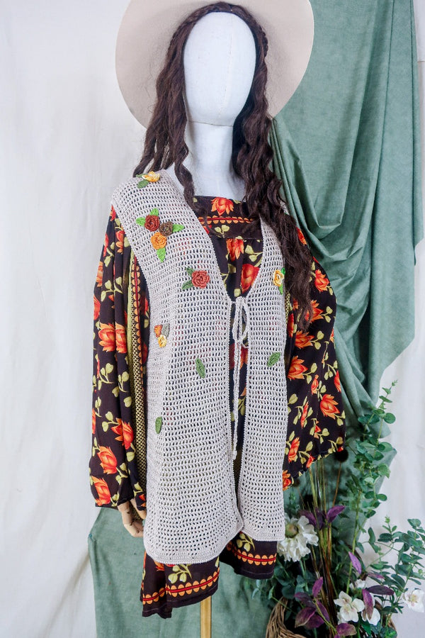 Vintage Crochet Waistcoat - Stone with Floral Applique - Free Size M/L By All About Audrey