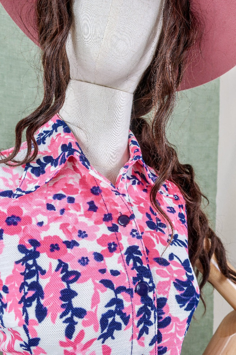 Vintage Top - Pink Pansies Sleeveless Tunic - Size S By All About Audrey