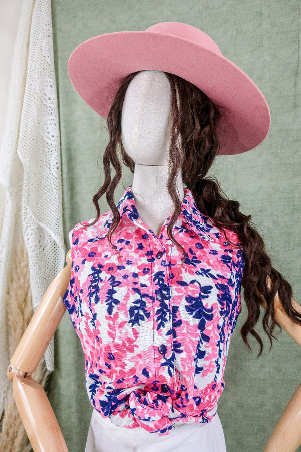 Vintage Top - Pink Pansies Sleeveless Tunic - Size S By All About Audrey