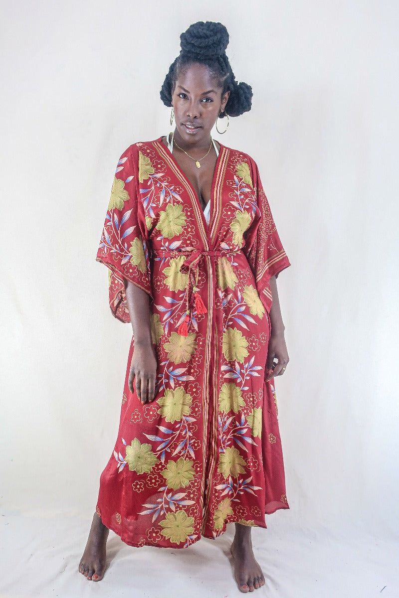 Vintage Sari Kimono Cherry Red Lime Floral S M All About Audrey All About Audrey Vintage Boutique