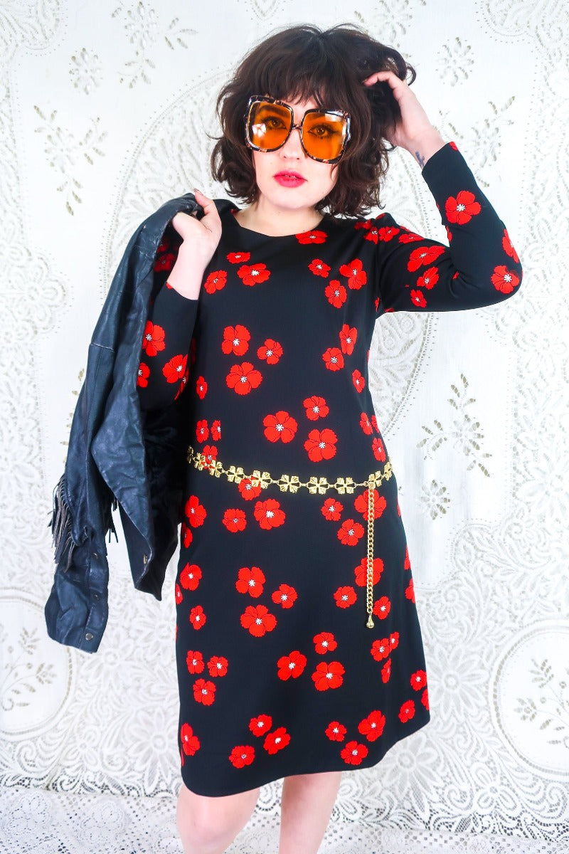 Vintage Midi Jet Black & Poppy Red Floral Size S