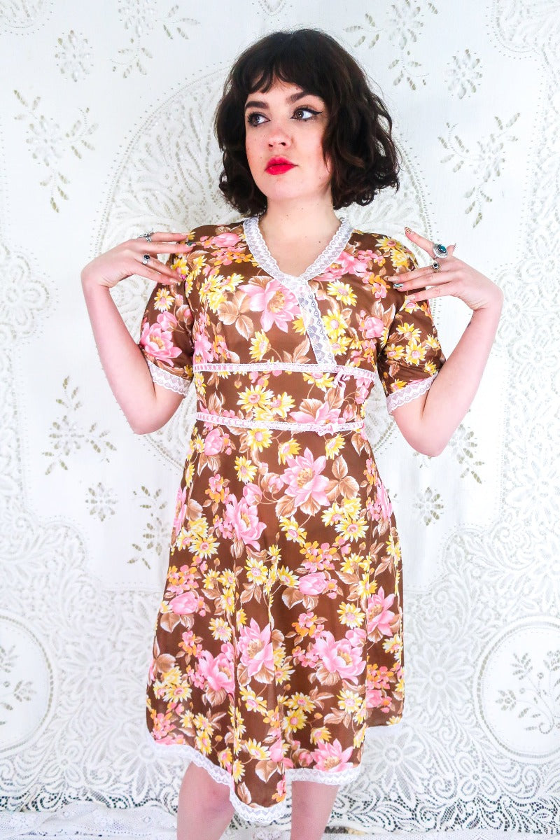 Vintage Slip Dress - Mocha Brown & Blush Retro Floral - Size S/M By All About Audrey