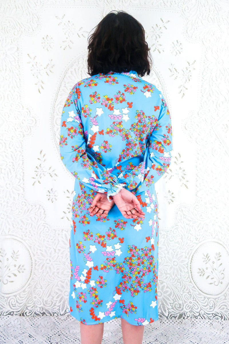 Vintage Midi Dress - Sky Blue with Bright Floral Stars - Size S By All About Audrey