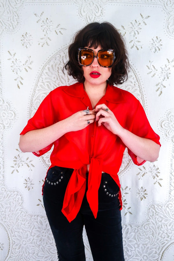 Vintage Shirt - Sheer Ruby Red Tie Front - Free Size L By All About Audrey