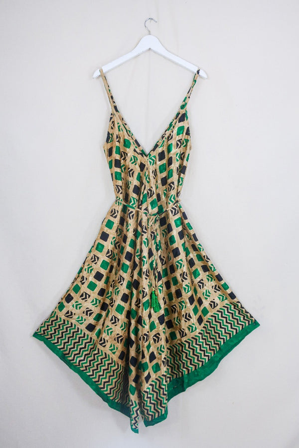 Winona Jumpsuit - Vintage Sari - Gold & Emerald Checkered Print - S/M by All About Audrey