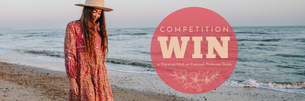 competition graphic for customers to win one of two boho dresses by all about audrey from our new peacock and florence collection choose your favourite design to enter