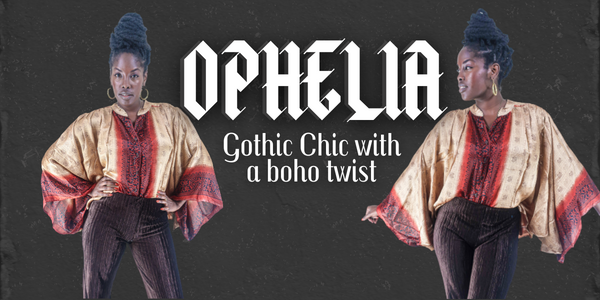 banner of model wearing Ophelia Blouse - Soft Gold & Fiery Red Tiles - Vintage Sari - Free Size boho recycled shirt with text 'Ophelia gothic chic with a boho twist' by all about audrey