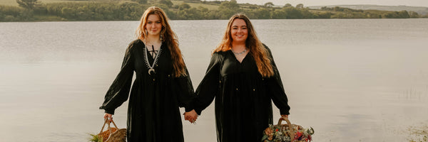 models wear promrose midi smock dresses handmade in cotton bohemian fashion designed by all about audrey