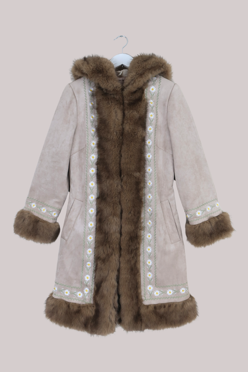 Suki Hooded Embroidered Afghan Coat in Ammonite Stone Beige