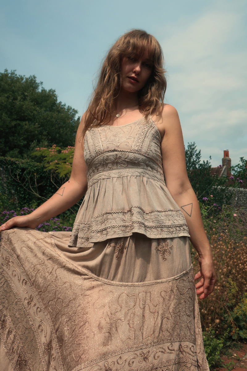 Embroidered A-Line Maxi Skirt in Maple White