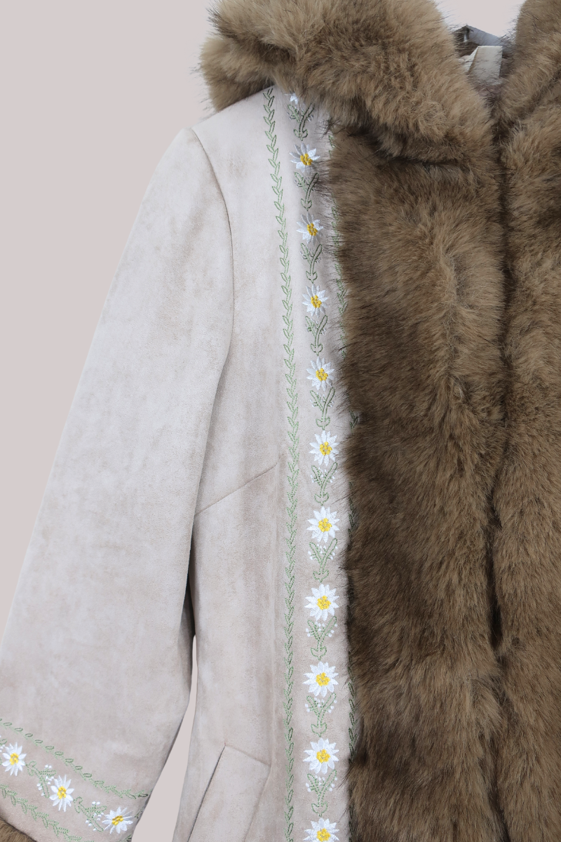 Suki Hooded Embroidered Afghan Coat in Ammonite Stone Beige