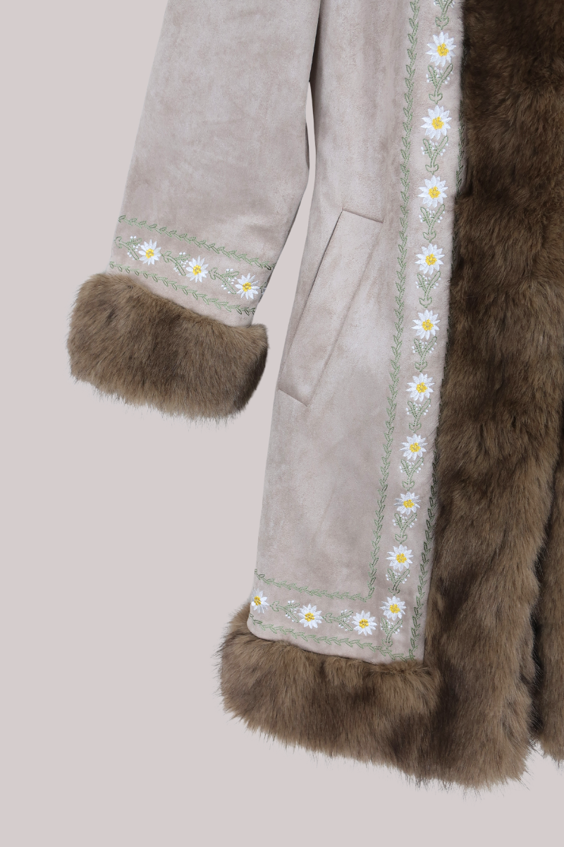 Suki Hooded Embroidered Afghan Coat in Ammonite Stone Beige
