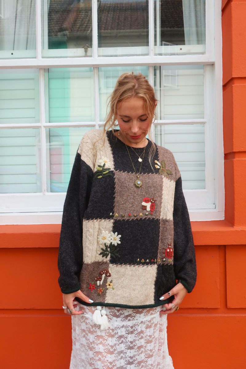 Vintage Knit Jumper in Ladybug Chess Board - Size XL
