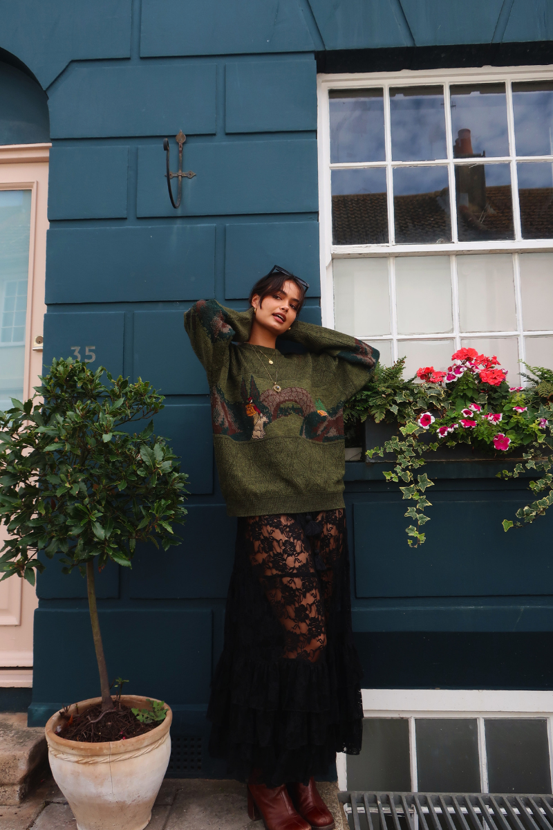 Wendy Maxi Skirt in Black Swan Chantilly Lace