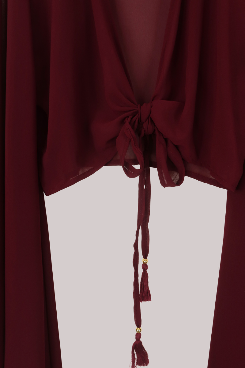 The Madonna Sheer Wrap Top in Oxblood Red