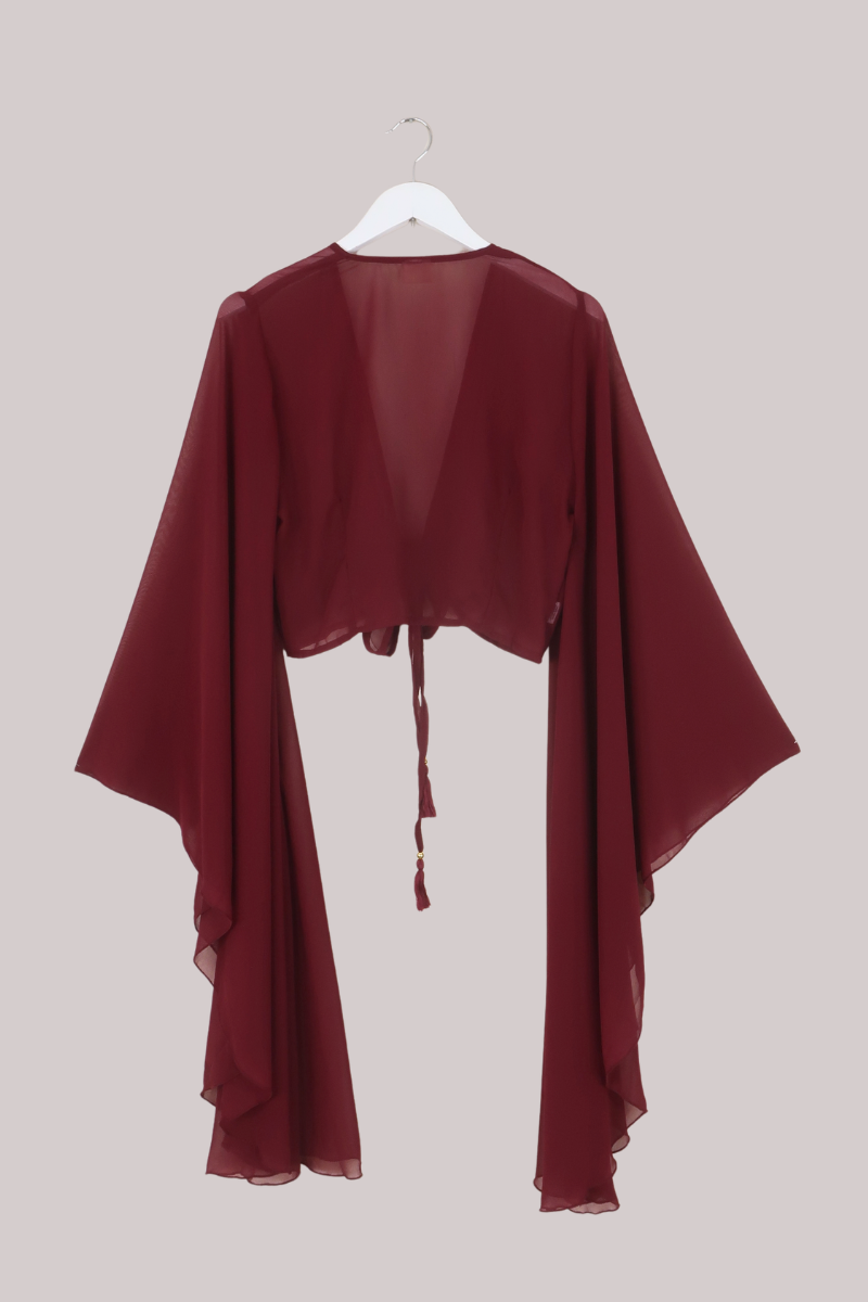 The Madonna Sheer Wrap Top in Oxblood Red