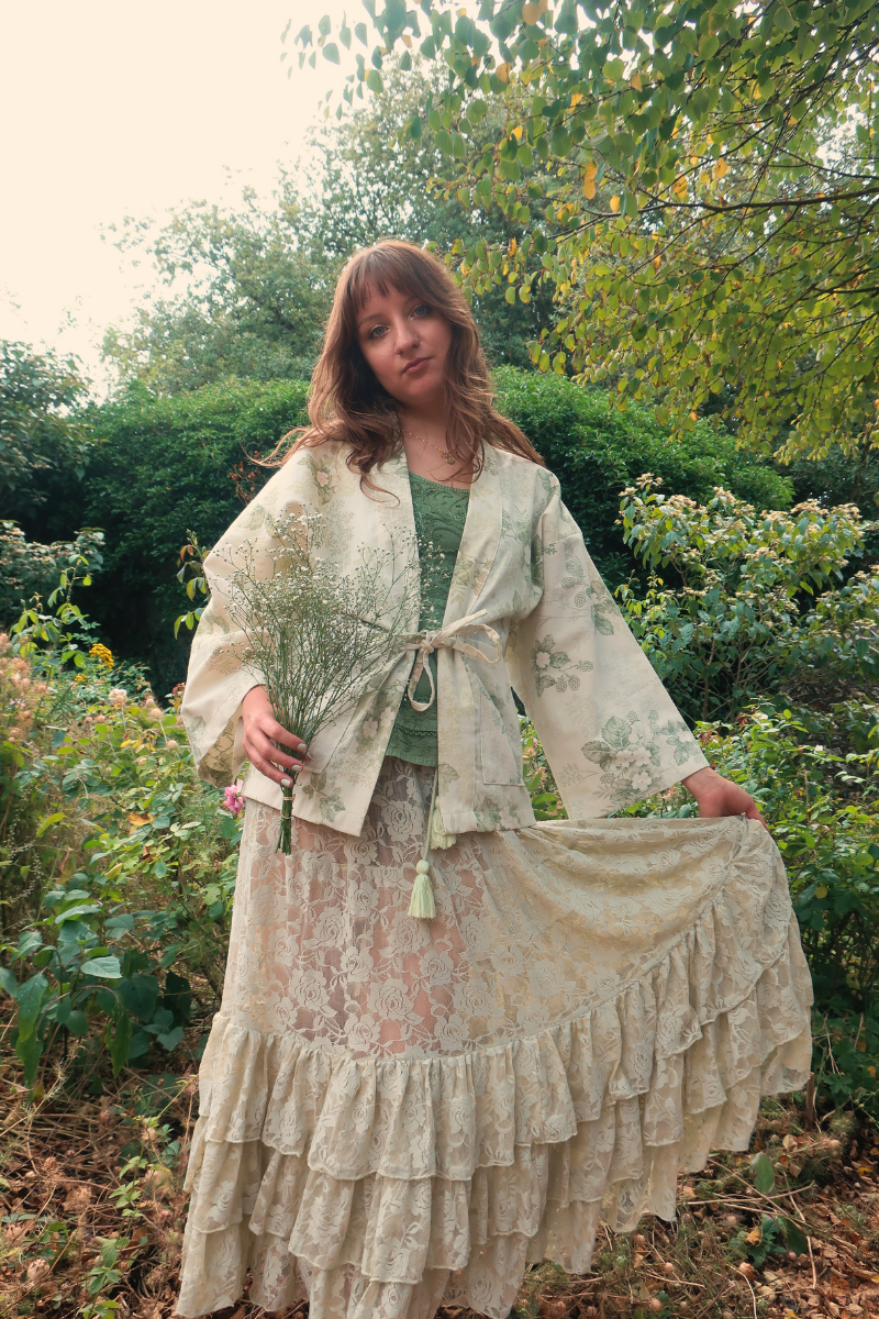 Emmeline Vintage Curtain Jacket in Wild Elderflower Green