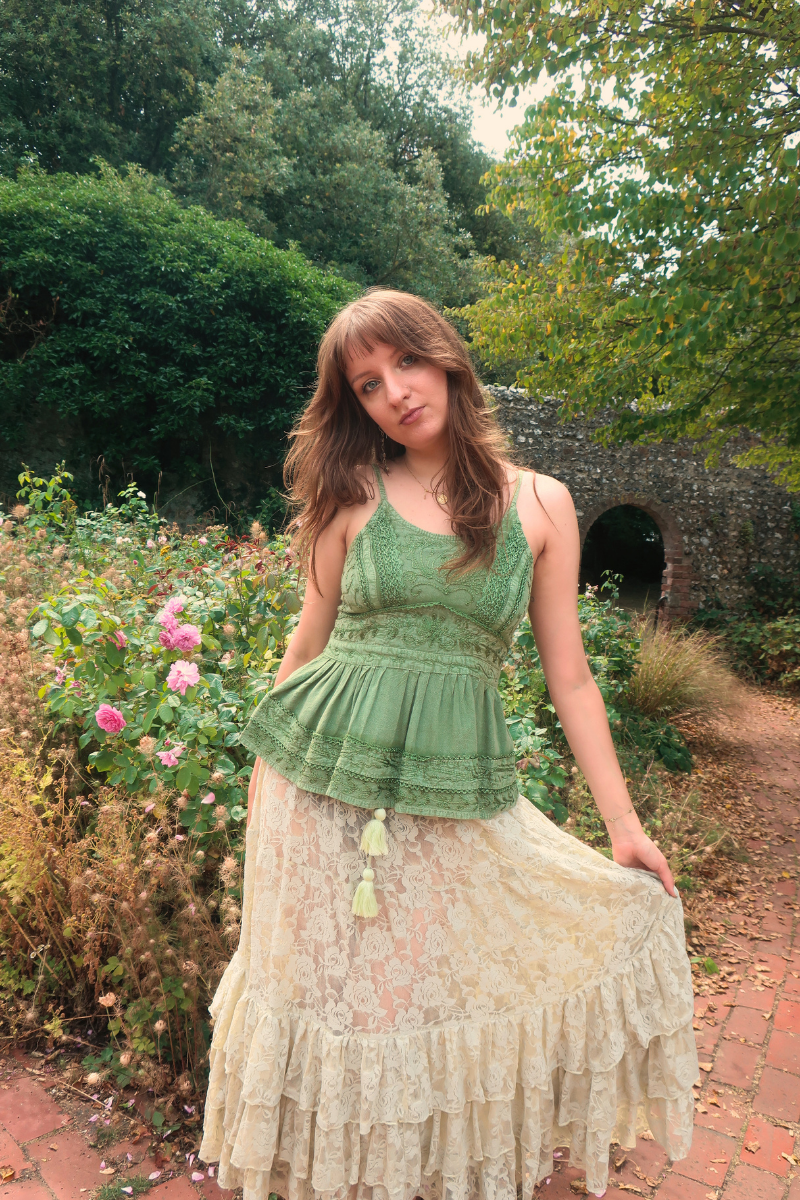 Wendy Maxi Skirt in Pistachio Green Chantilly Lace