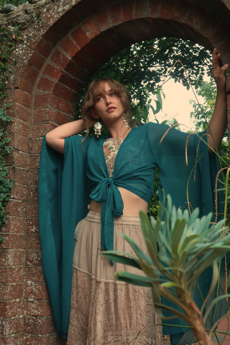 The Madonna Sheer Wrap Top in Lucky Star Blue