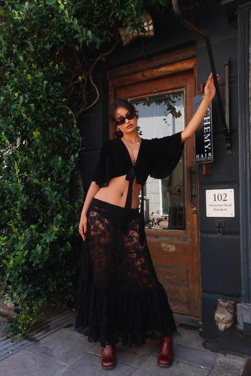 Wendy Maxi Skirt in Black Swan Chantilly Lace