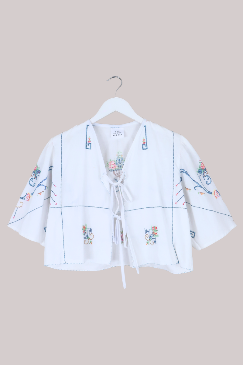 Francesca Vintage Tablecloth Cropped Blouse in Prairie Cross Stitch - Free Size
