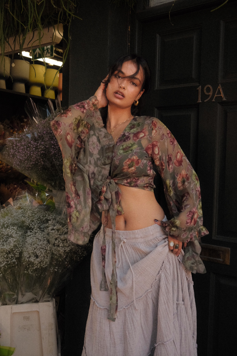 Venus Wrap Top in River Green Floral Burn Out Velvet