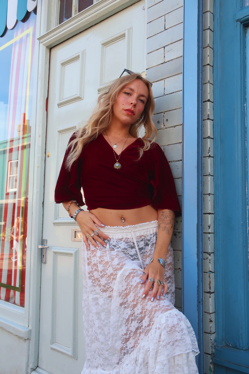 Khroma Angel Wrap Top in Cherry Wine Red Velvet