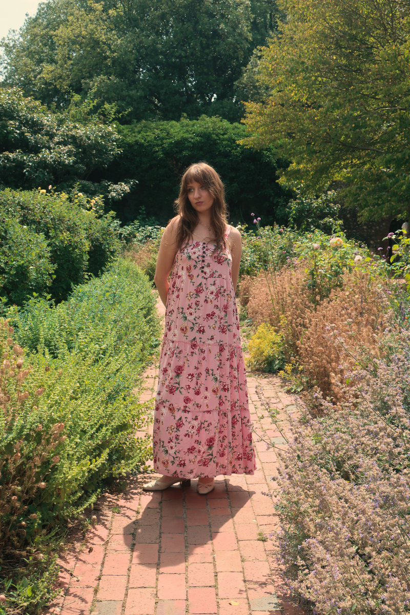 Amelia Pinafore Maxi Dress in Daydream Pink Roses