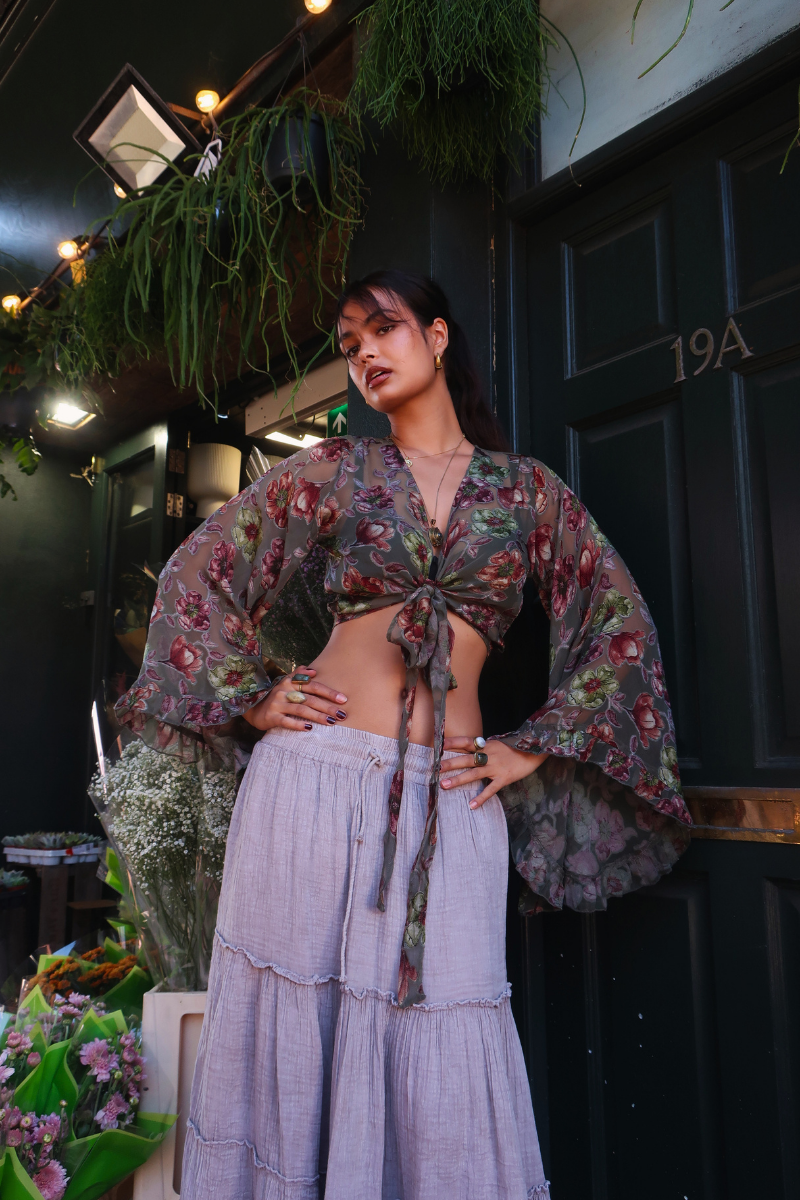 Venus Wrap Top in River Green Floral Burn Out Velvet