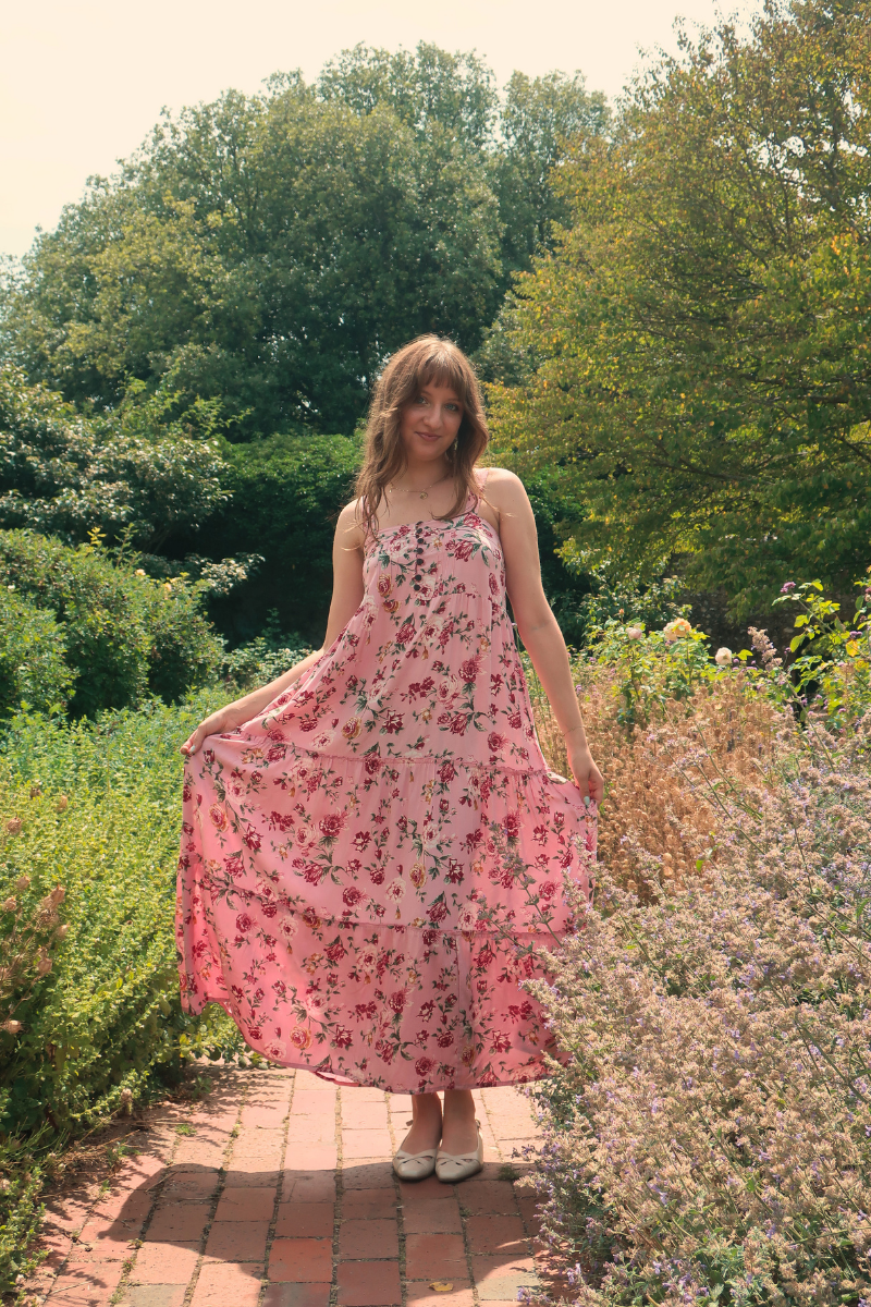 Amelia Pinafore Maxi Dress in Daydream Pink Roses