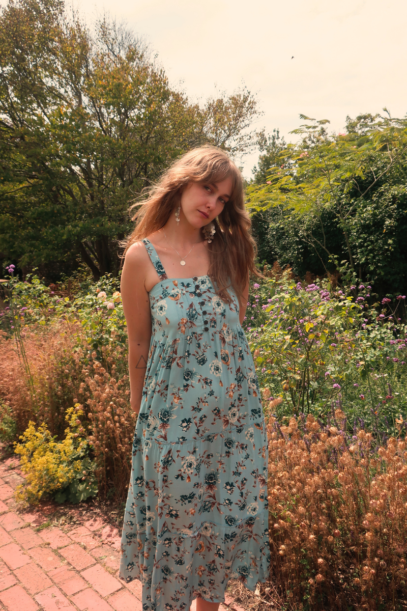 Amelia Pinafore Maxi Dress in Breeze Blue Roses