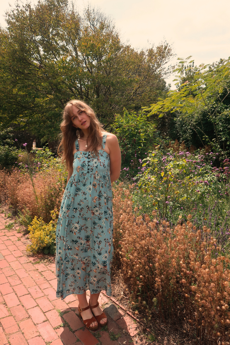 Amelia Pinafore Maxi Dress in Breeze Blue Roses