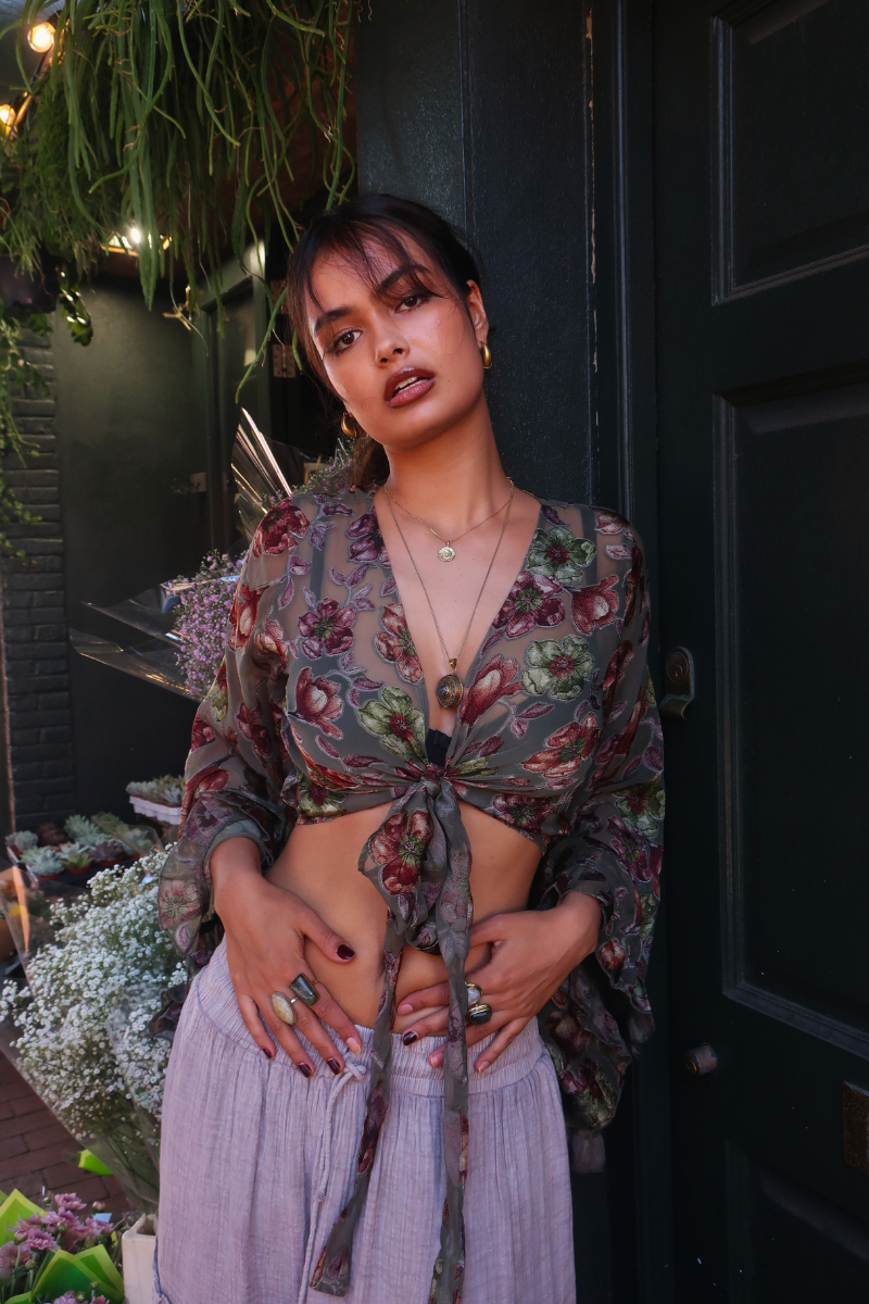 Venus Wrap Top in River Green Floral Burn Out Velvet