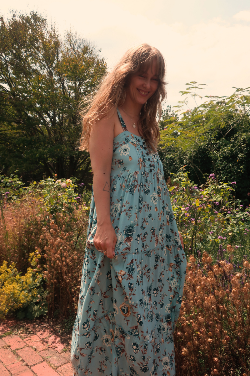 Amelia Pinafore Maxi Dress in Breeze Blue Roses