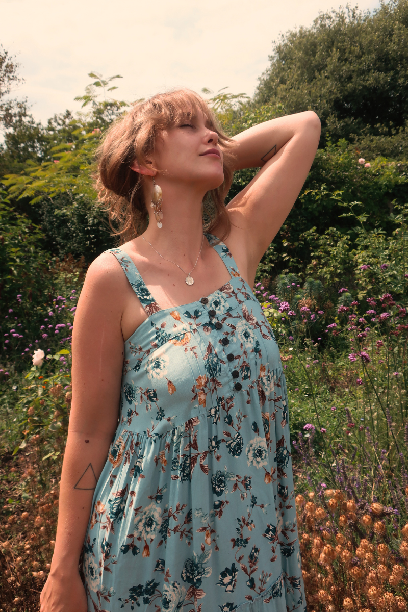 Amelia Pinafore Maxi Dress in Breeze Blue Roses
