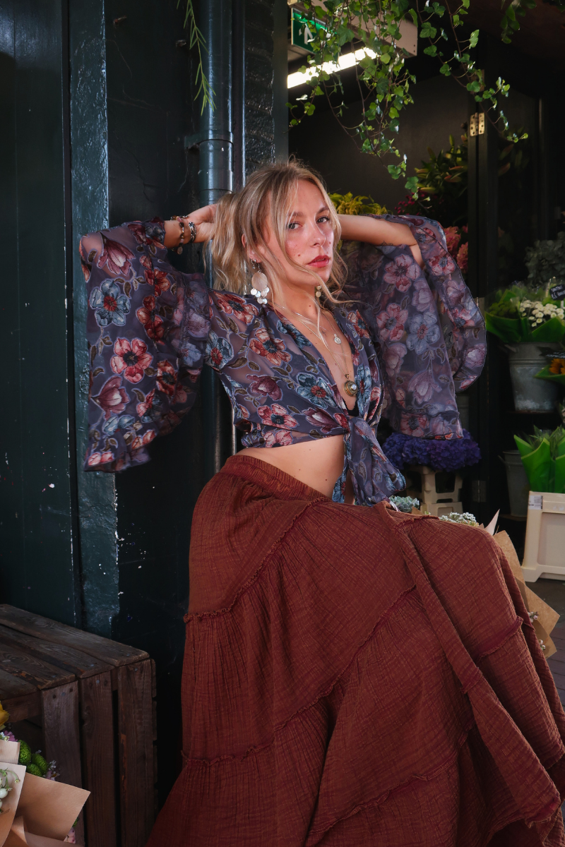 Venus Wrap Top in Pigeon Blue Floral Burn Out Velvet